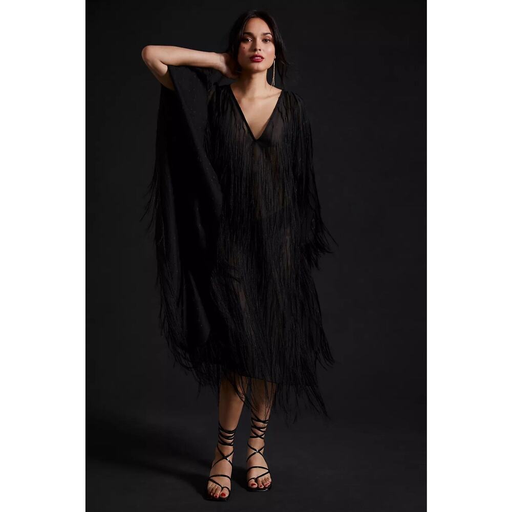 NWT Maeve By Anthropologie Black Fringed Shine Kaftan Dress OS Sheer Sexy